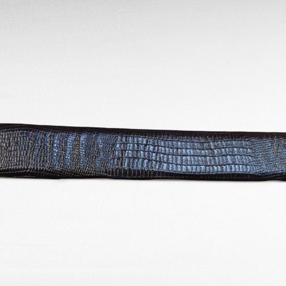 New Mens SNRGY Black Leather Reptile Embossed Brushed Silver Buckle 30" Belt - Picture 6 of 7